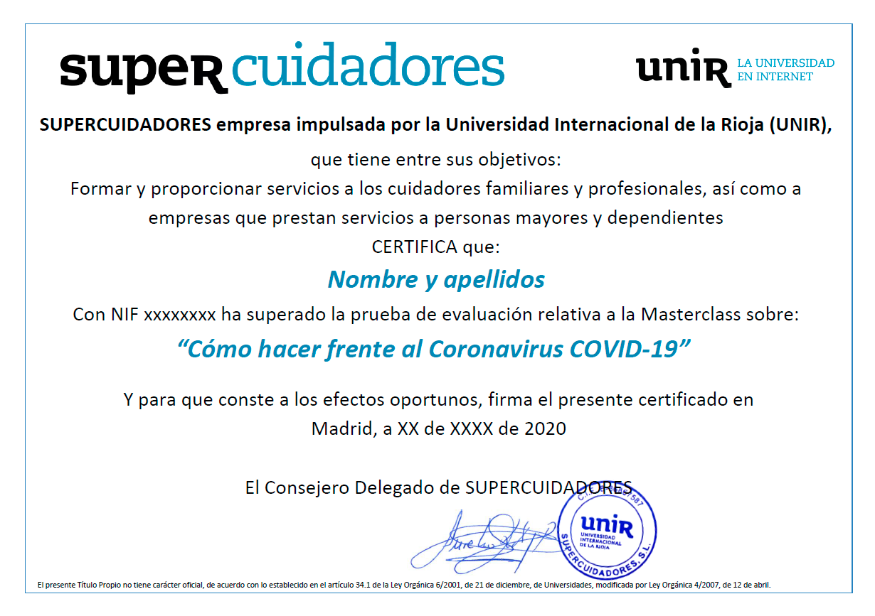 Ejemplo del Certificado de SUPERCUIDADORES sobre el COVID-19