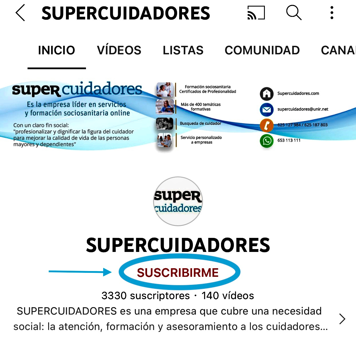 Forma de suscribirse al canal de YouTube de SUPERCUIDADORES