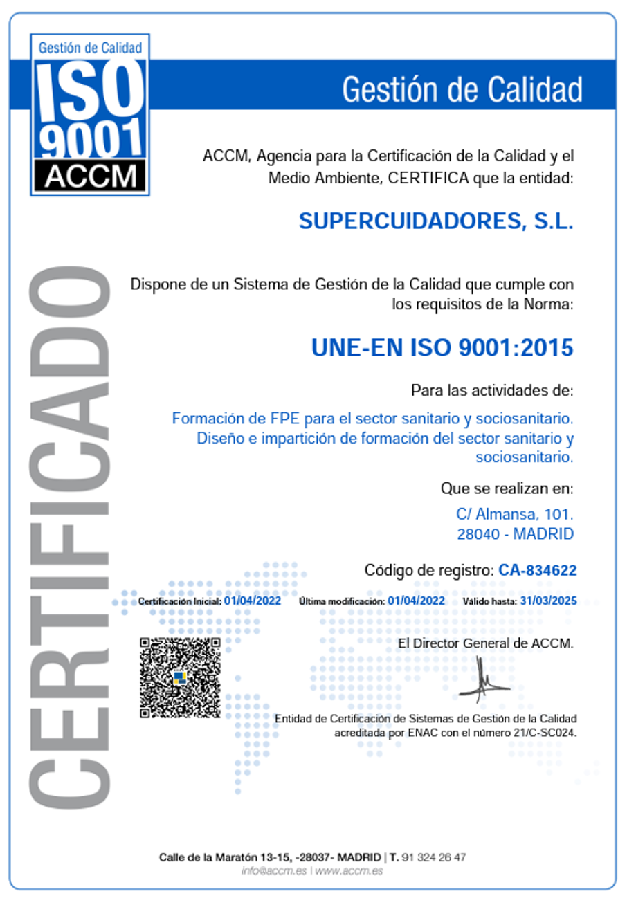 Certificado ISO 9001 de SUPERCUIDADORES