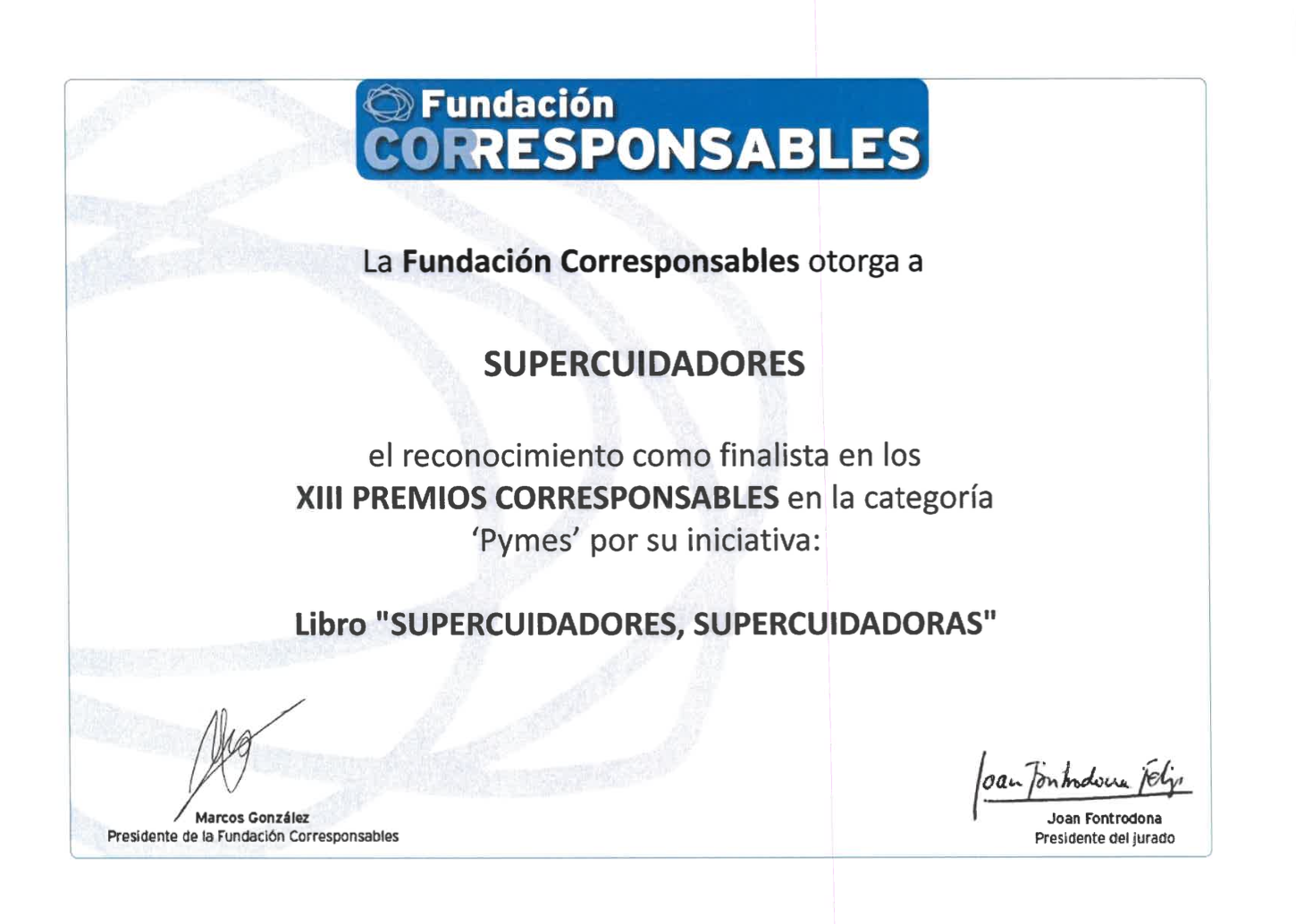 Diploma por el libro "SUPERCUIDADORES, SUPERCUIDADORAS"